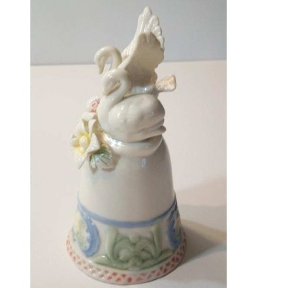 Porcelain Bell With Two Swans On Top & Floral Design  -  Vintage from the 1970